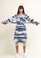 A Model Wearing Multicolor Upcycled Cotton Sky Patchwork Trench, curated by Only Ethikal
